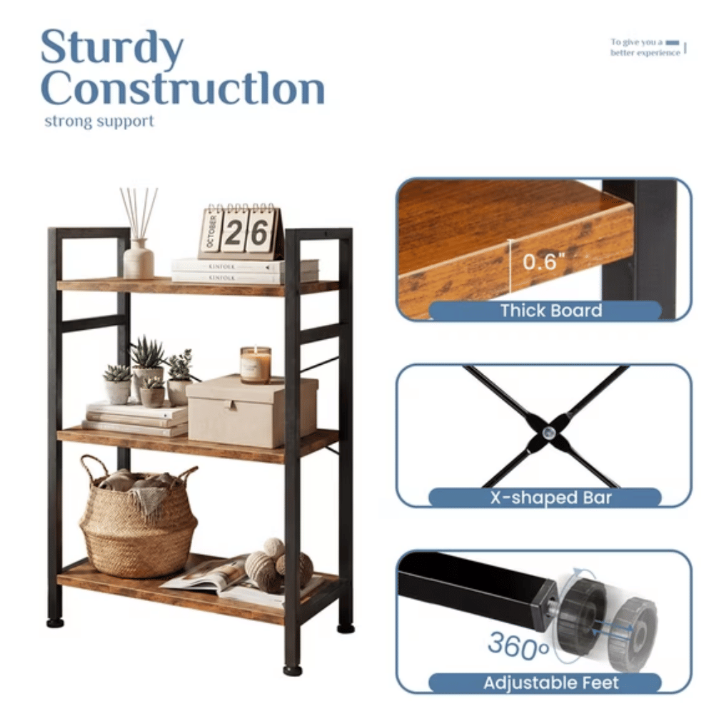 3-Tier Bookshelf with X-Back Stability for Home Office or Living Room