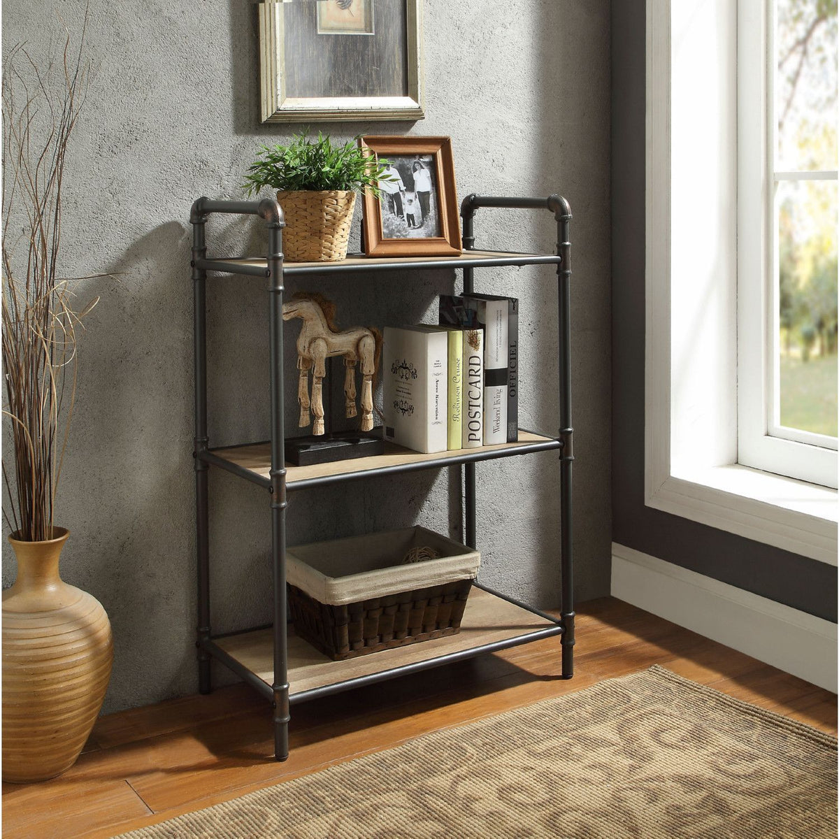Three-Tier Rectangular Bookshelf with Open Back and Fixed Shelves