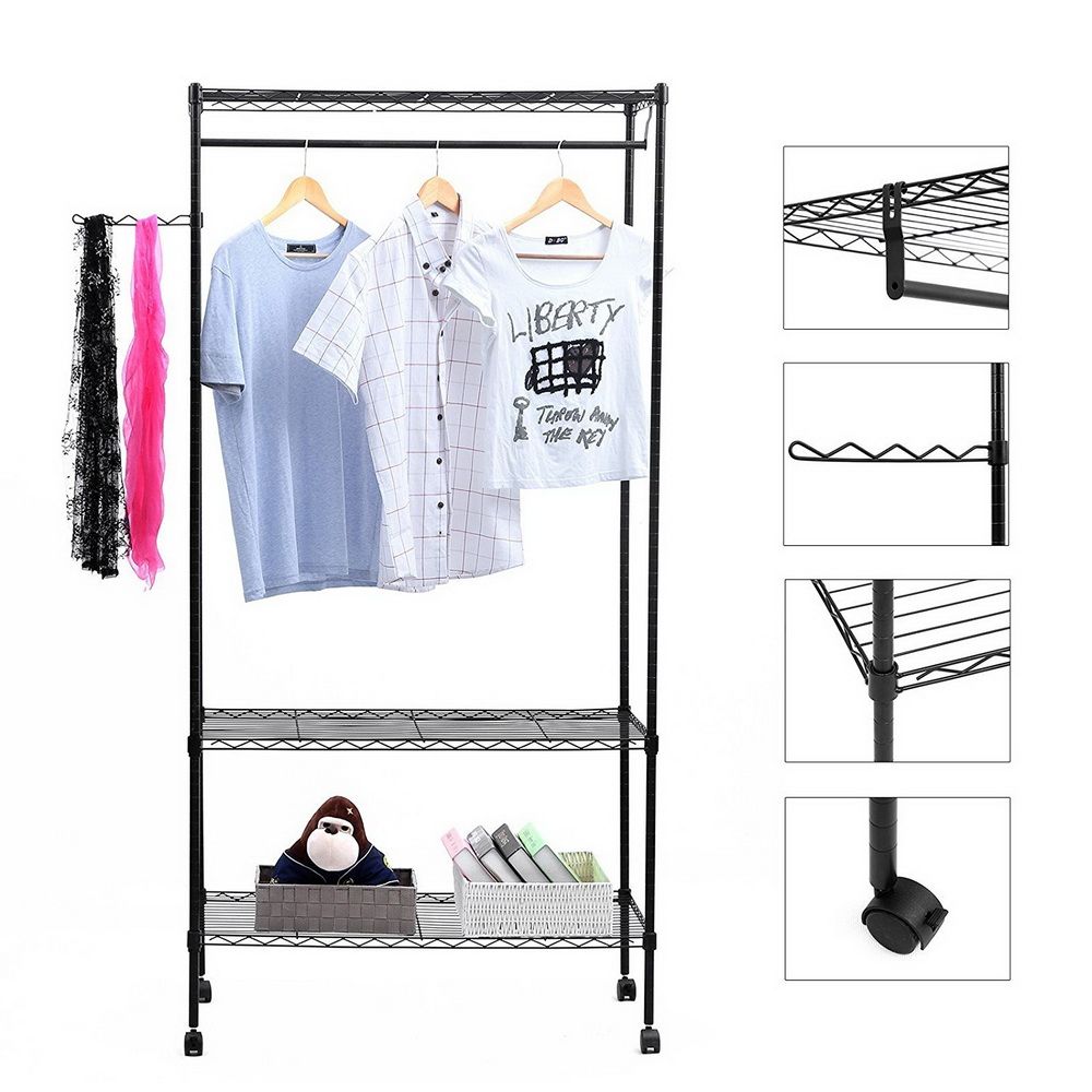 Double Layer Powder Coating Mesh Garment Rack with Adjustable Shelves and Side Hook