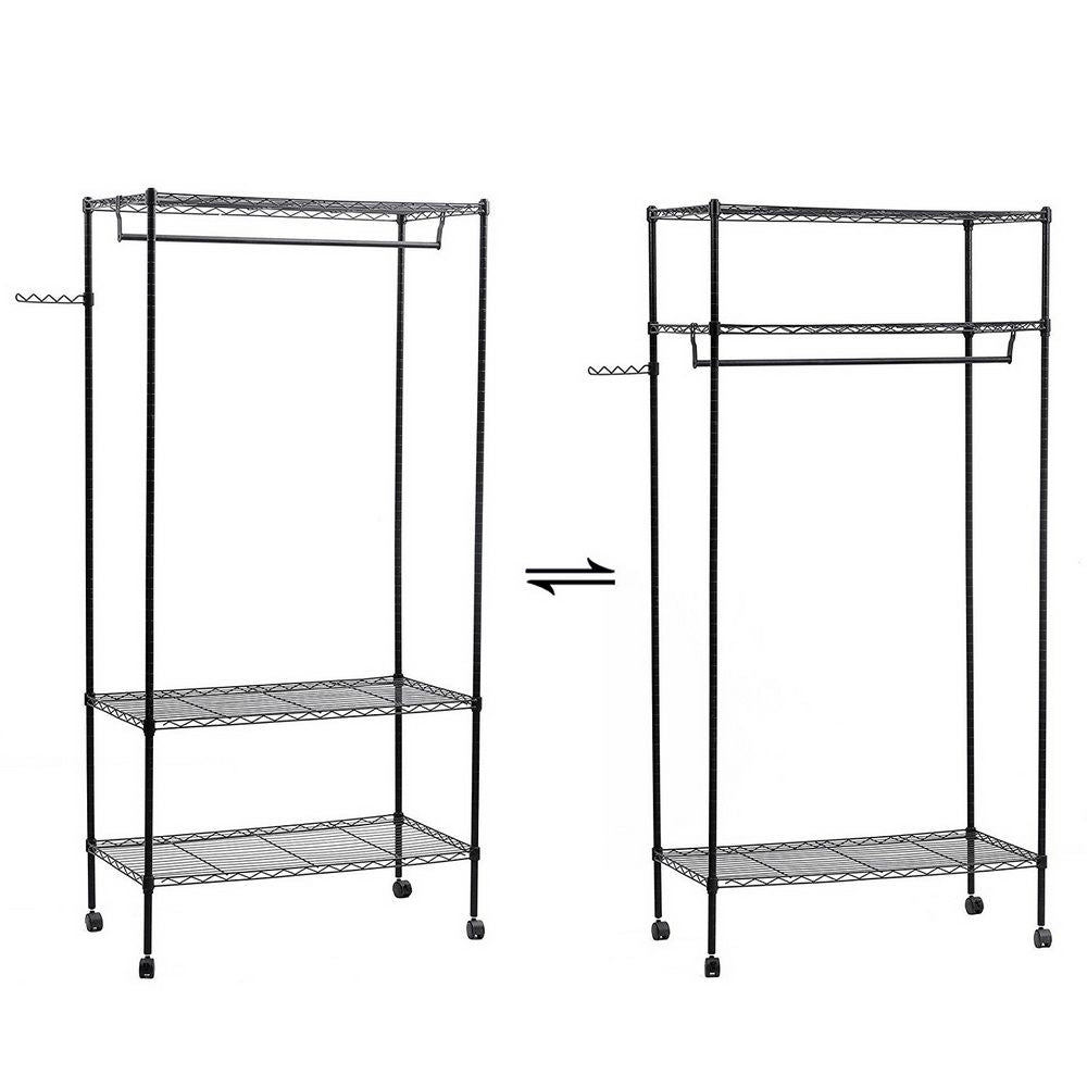 Double Layer Powder Coating Mesh Garment Rack with Adjustable Shelves and Side Hook