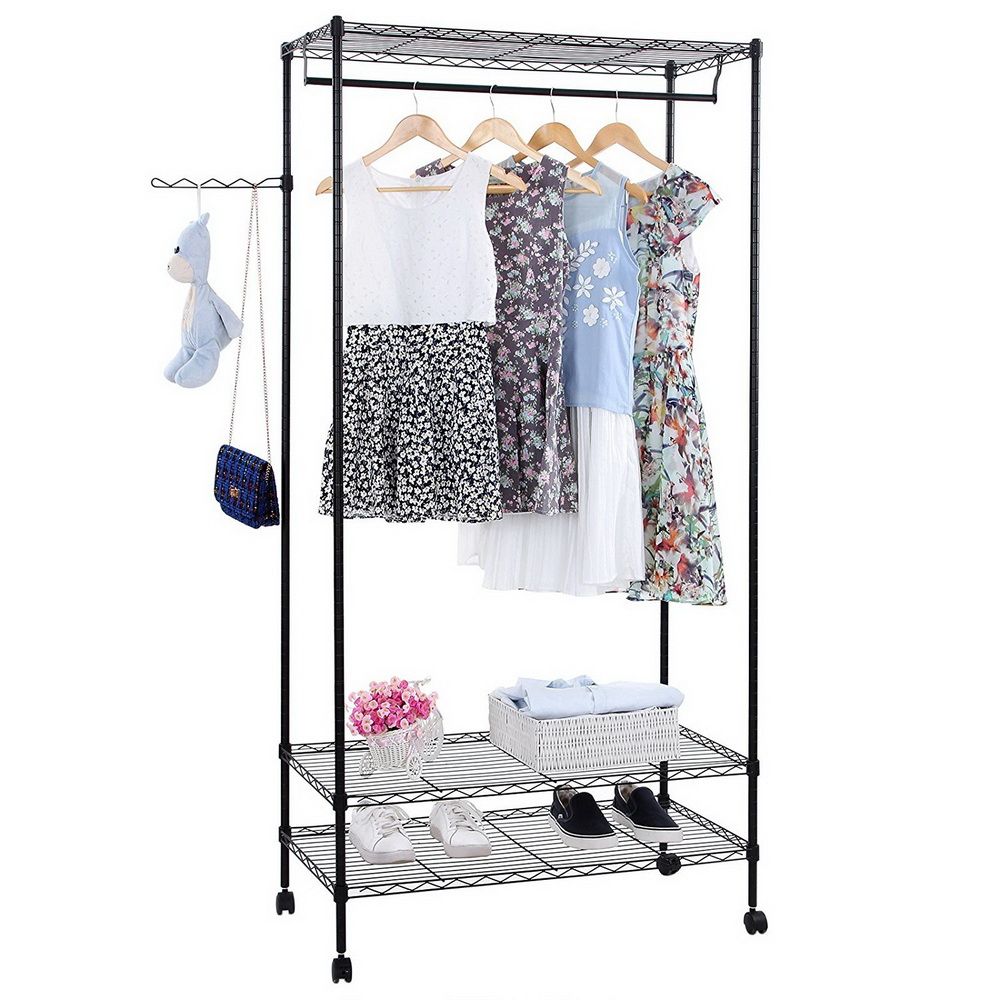 Double Layer Powder Coating Mesh Garment Rack with Adjustable Shelves and Side Hook