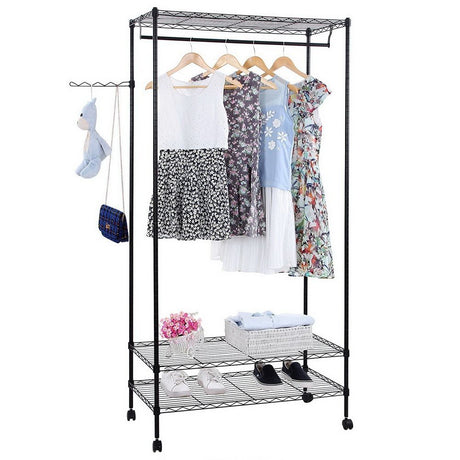 Double Layer Powder Coating Mesh Garment Rack with Adjustable Shelves and Side Hook