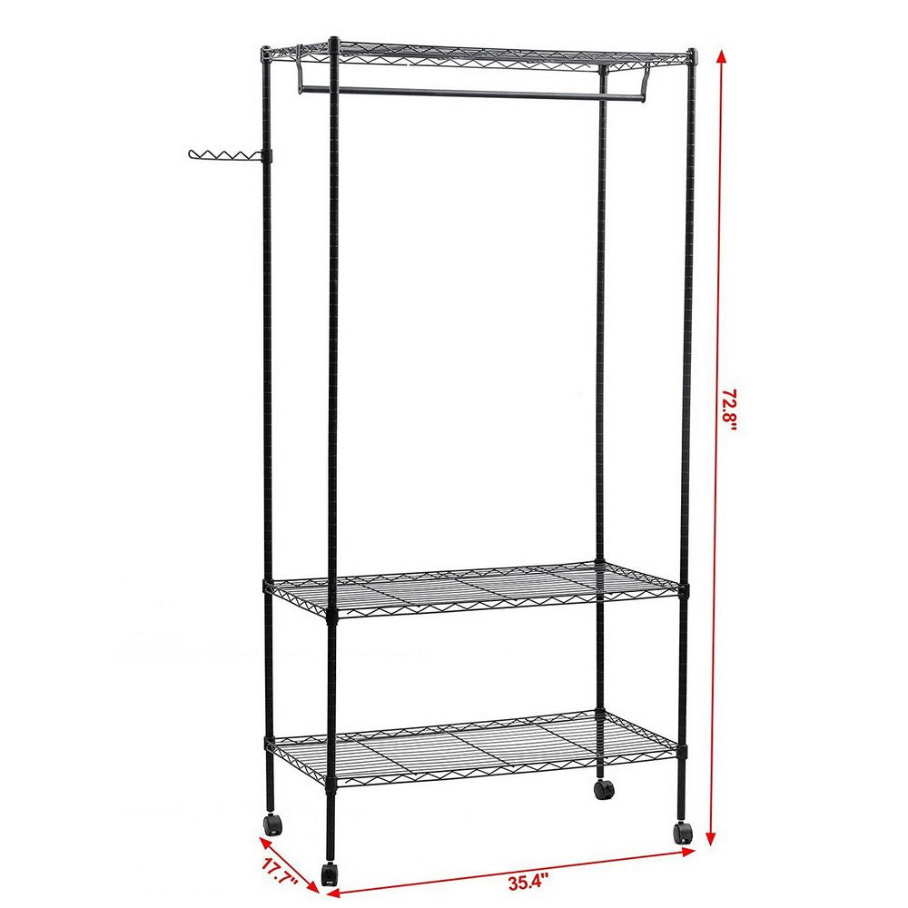 Double Layer Powder Coating Mesh Garment Rack with Adjustable Shelves and Side Hook