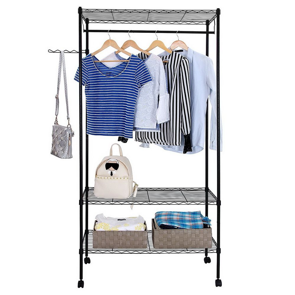 Double Layer Powder Coating Mesh Garment Rack with Adjustable Shelves and Side Hook