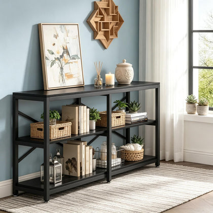 Rustic Three-Tier Console Table with Open Shelves