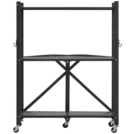 3-Tier Foldable Storage Shelf with Wheels and Hooks for Pantry, Kitchen, Garage
