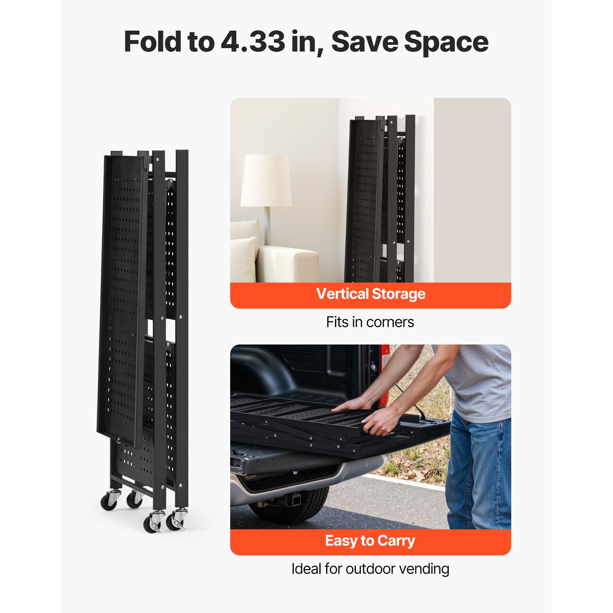 3-Tier Foldable Storage Shelf with Wheels and Hooks for Pantry, Kitchen, Garage