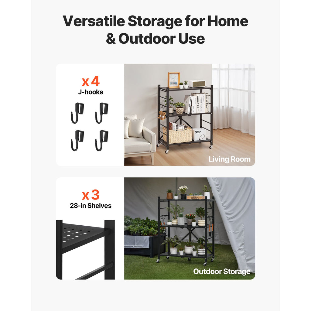 3-Tier Foldable Storage Shelf with Wheels and Hooks for Pantry, Kitchen, Garage