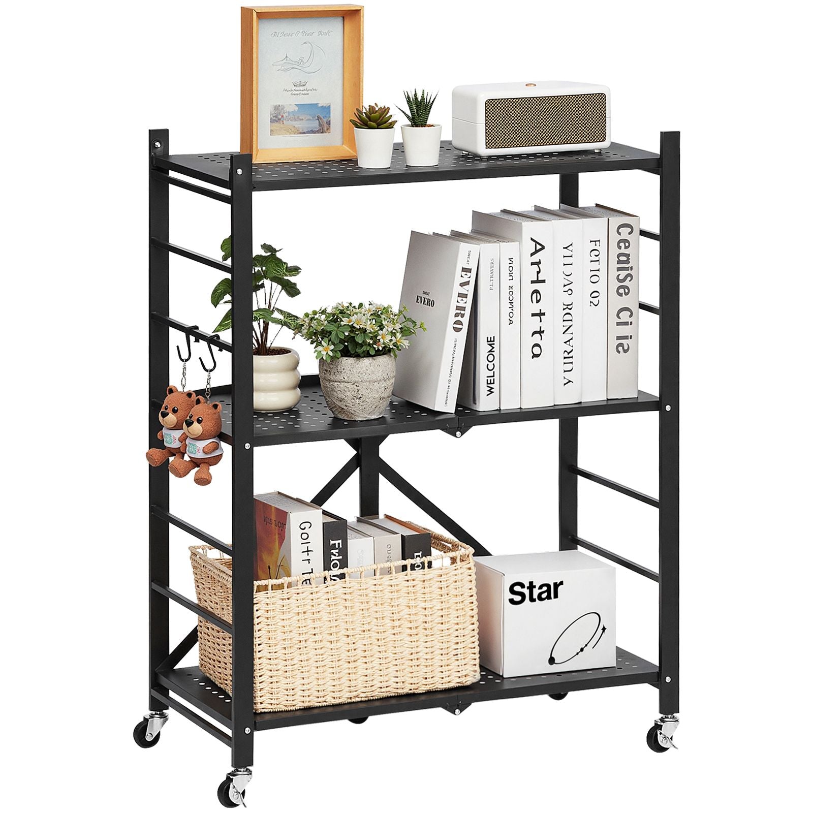 3-Tier Foldable Storage Shelf with Wheels and Hooks for Pantry, Kitchen, Garage