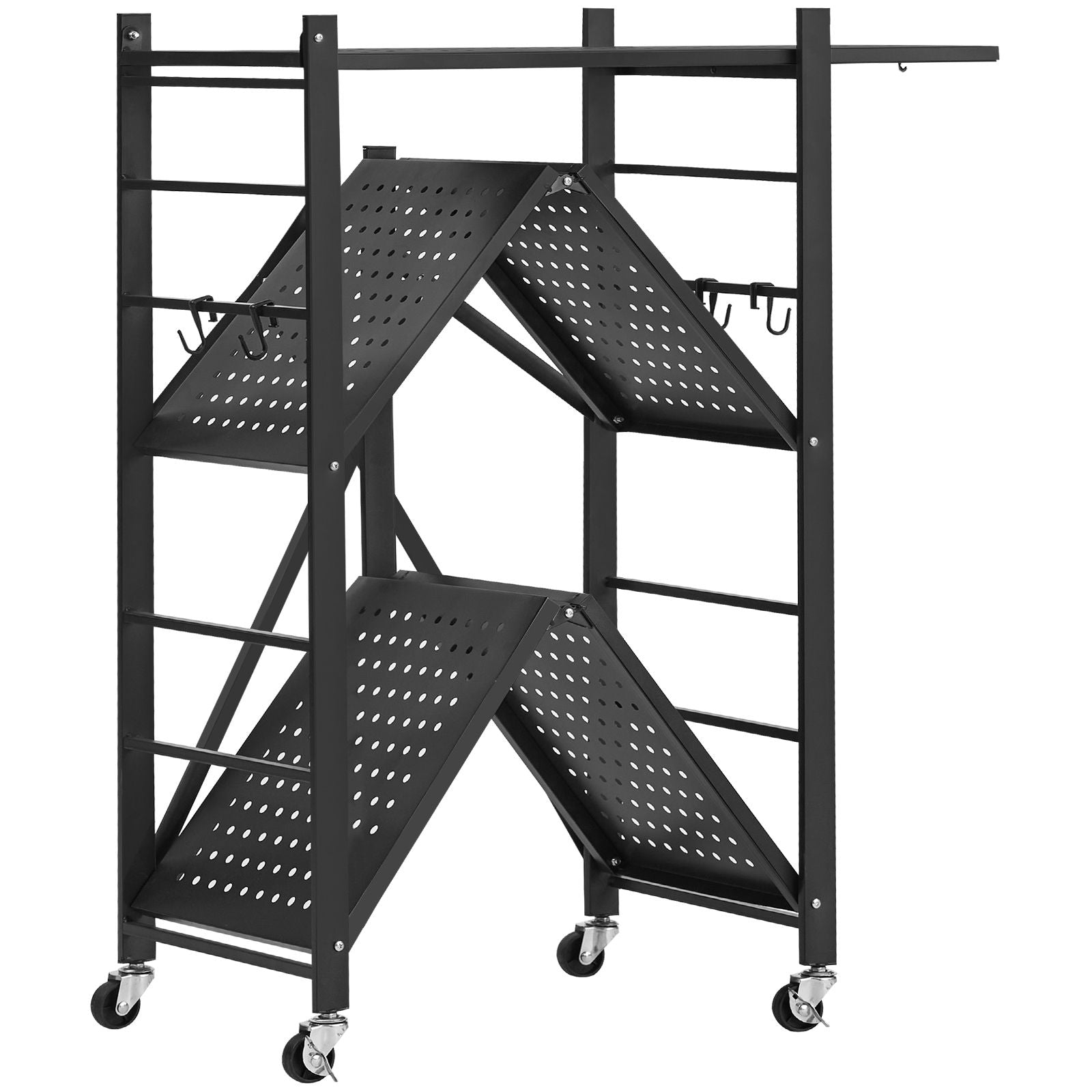 3-Tier Foldable Storage Shelf with Wheels and Hooks for Pantry, Kitchen, Garage