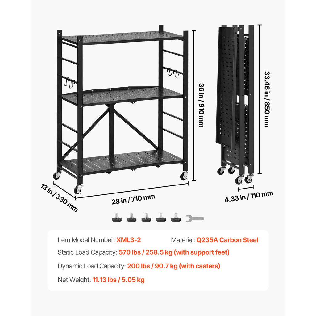 3-Tier Foldable Storage Shelf with Wheels and Hooks for Pantry, Kitchen, Garage