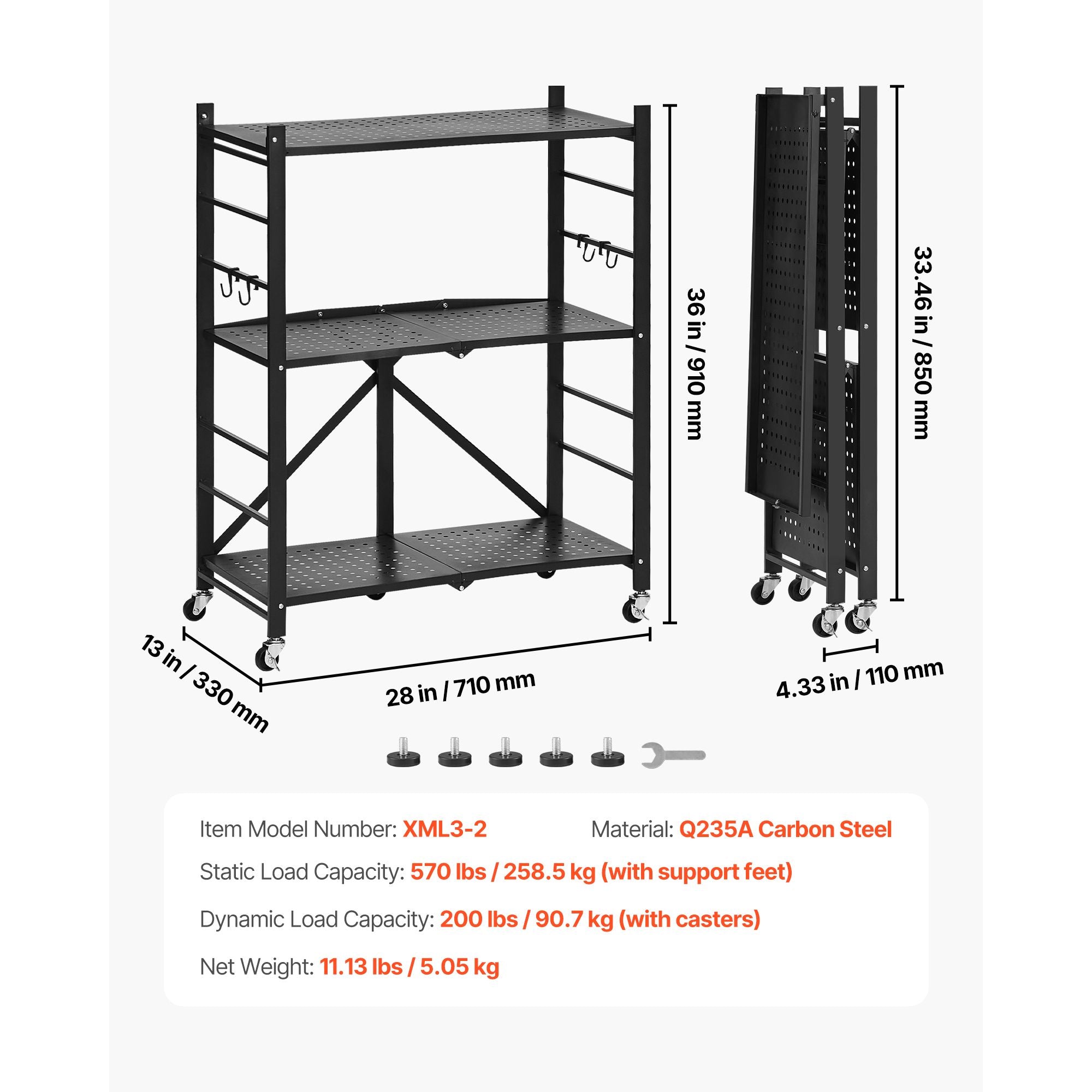 3-Tier Foldable Storage Shelf with Wheels and Hooks for Pantry, Kitchen, Garage