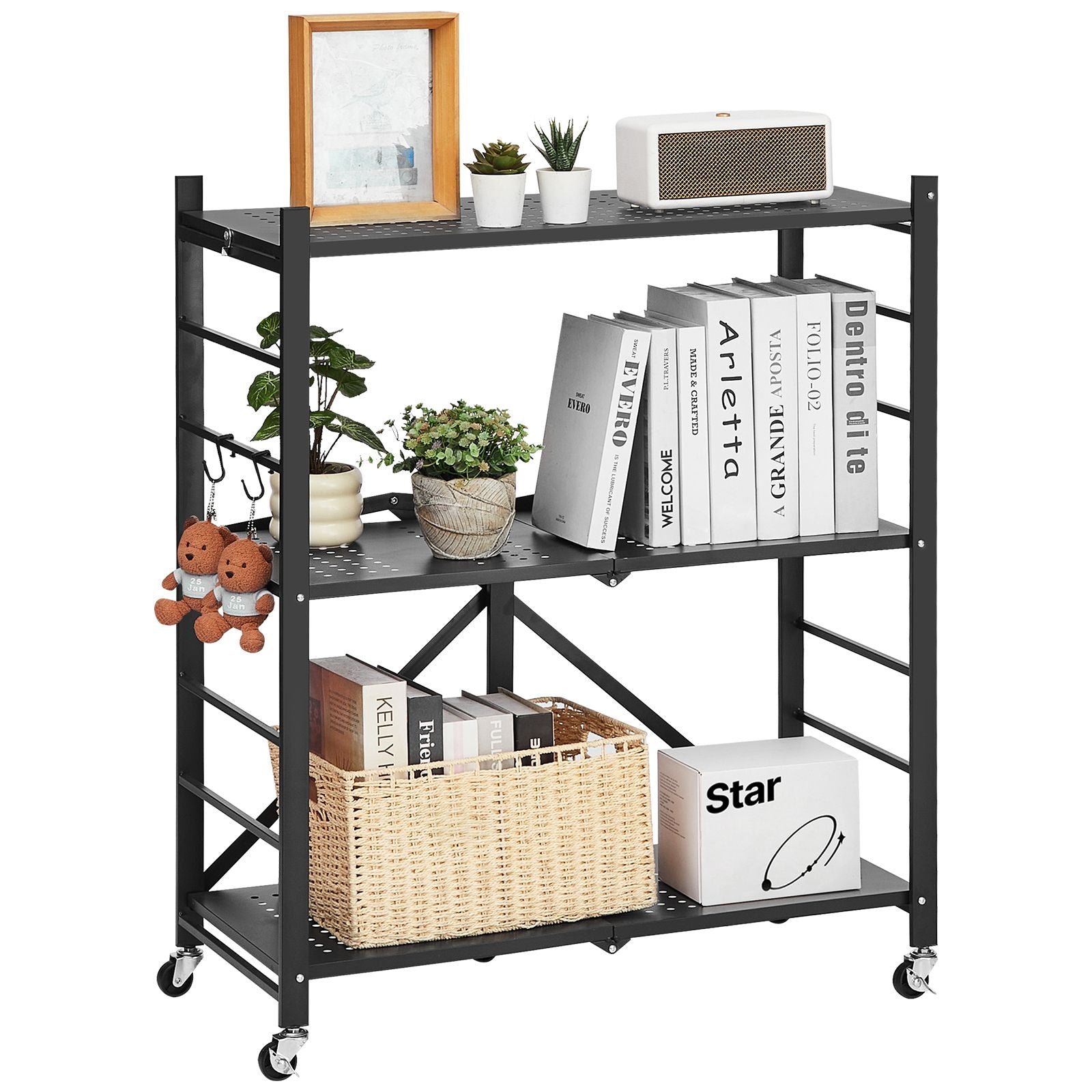 3-Tier Foldable Storage Shelf, 30W x 13D x 36H Folding Metal Rack Shelving Unit, No Assembly Or