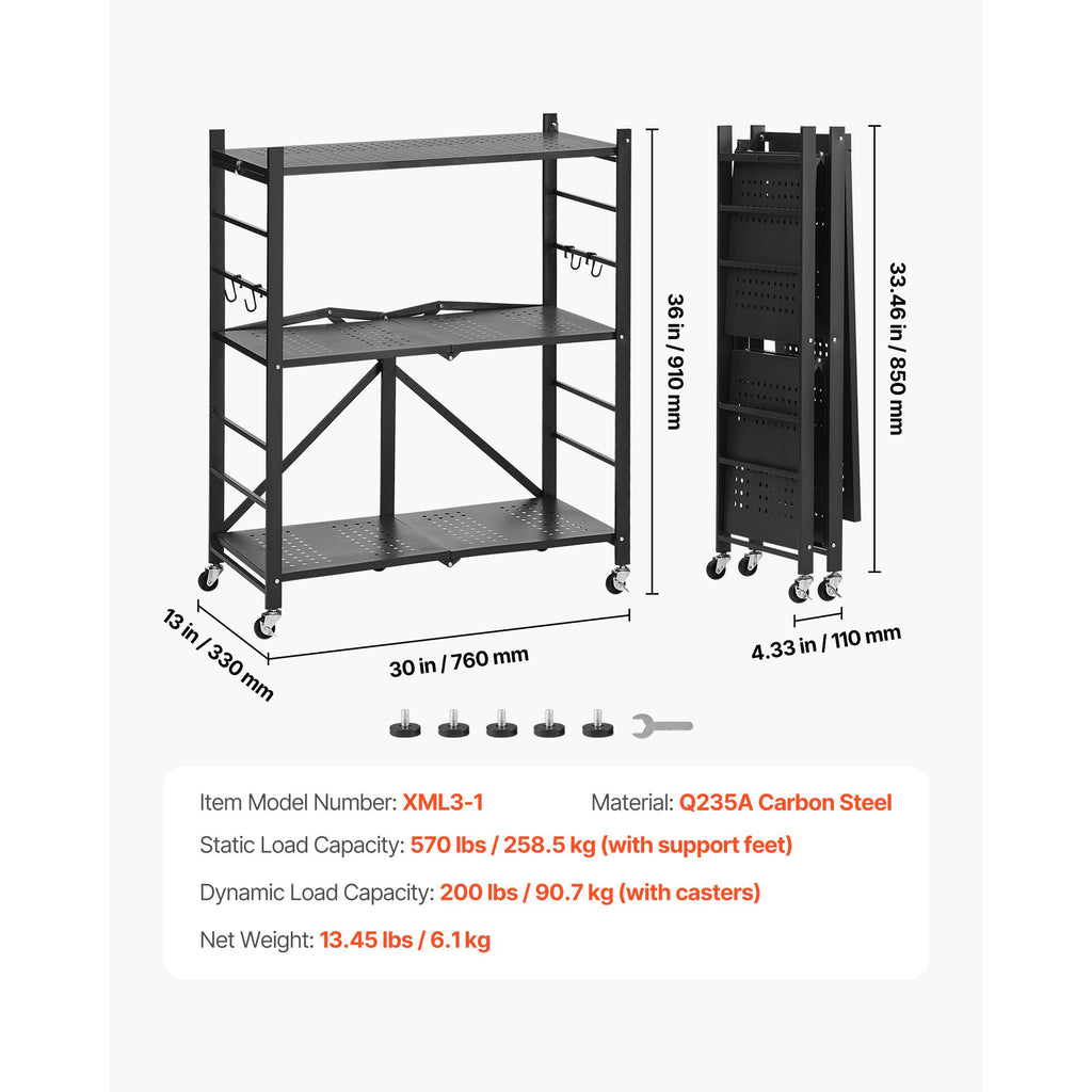 3-Tier Foldable Storage Shelf, 30W x 13D x 36H Folding Metal Rack Shelving Unit, No Assembly Or