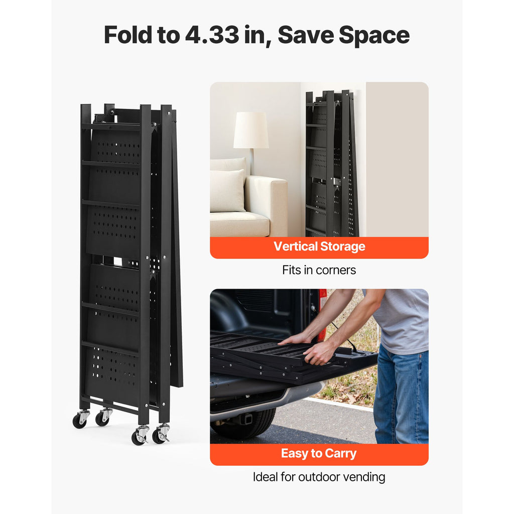 3-Tier Foldable Storage Shelf, 30W x 13D x 36H Folding Metal Rack Shelving Unit, No Assembly Or
