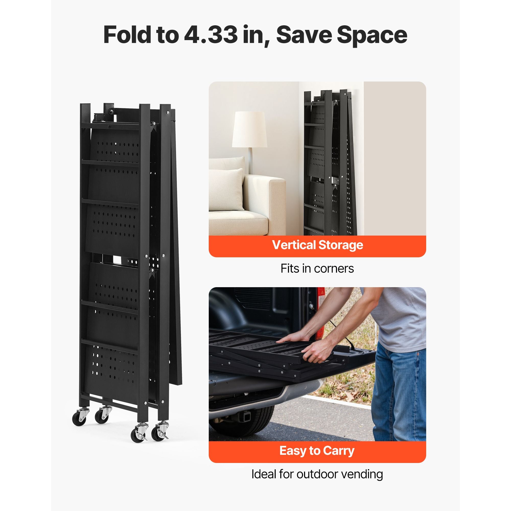 3-Tier Foldable Storage Shelf, 30W x 13D x 36H Folding Metal Rack Shelving Unit, No Assembly Or