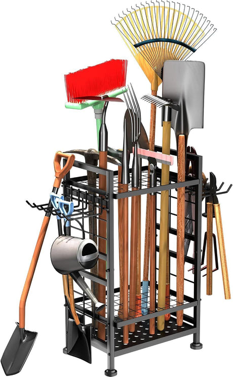 Rolling Garden Tool Rack with Hooks for Garage, Shed, and Patio