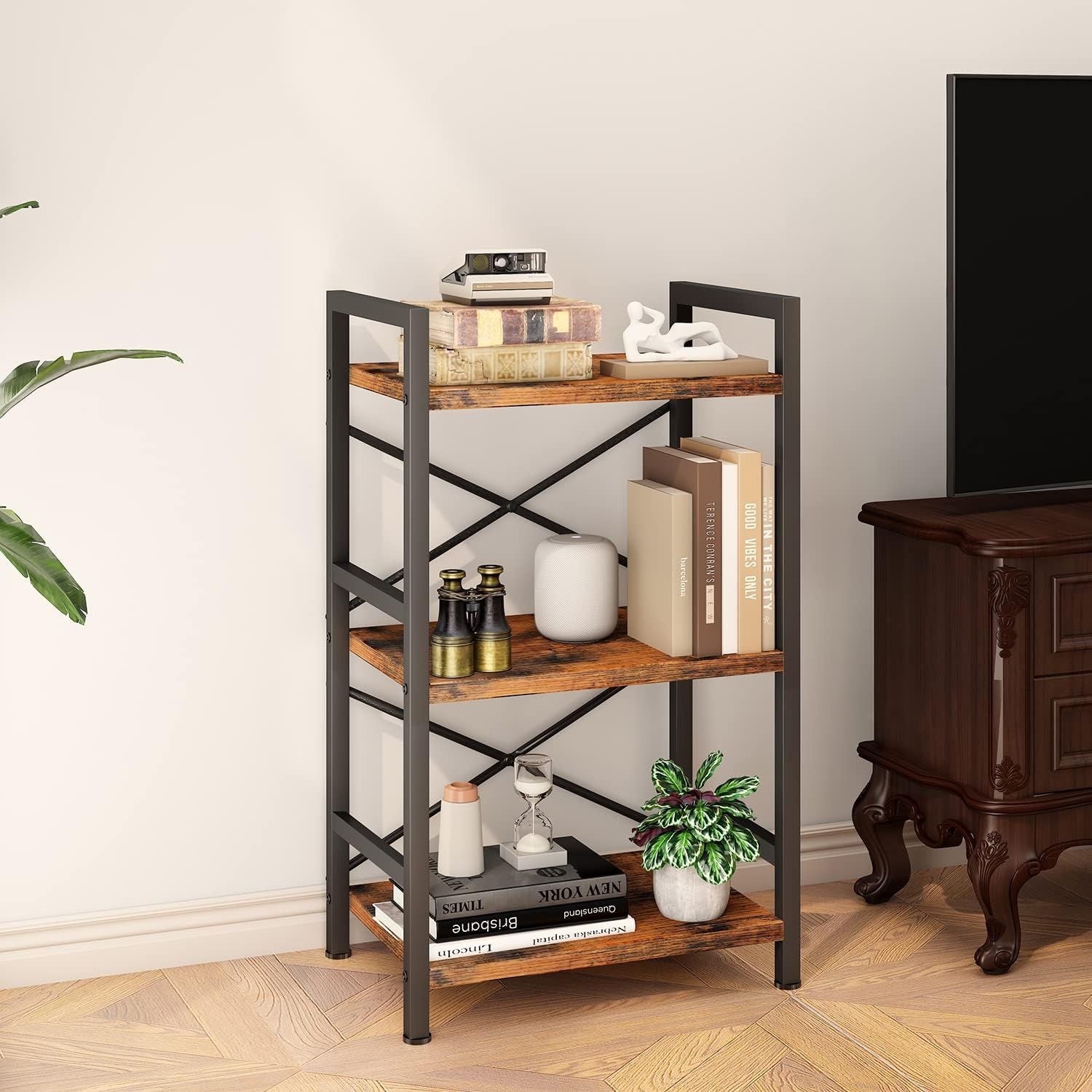 3 Tier Industrial Bookcase with X-Shaped Wire Back
