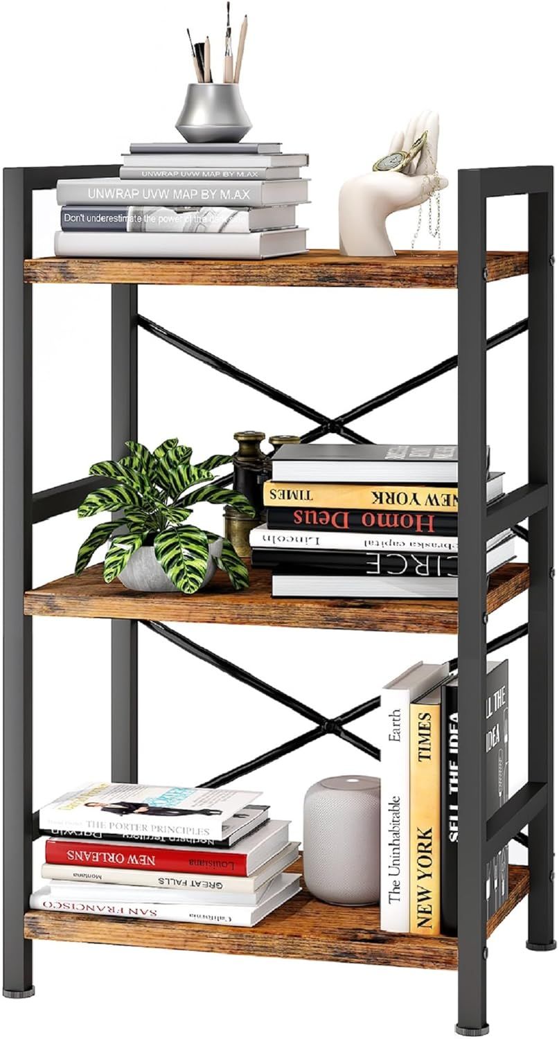 3 Tier Industrial Bookcase with X-Shaped Wire Back