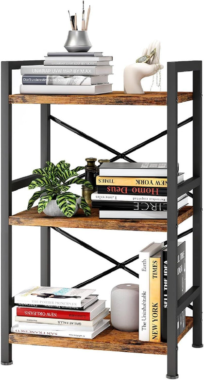 3 Tier Industrial Bookcase with X-Shaped Wire Back