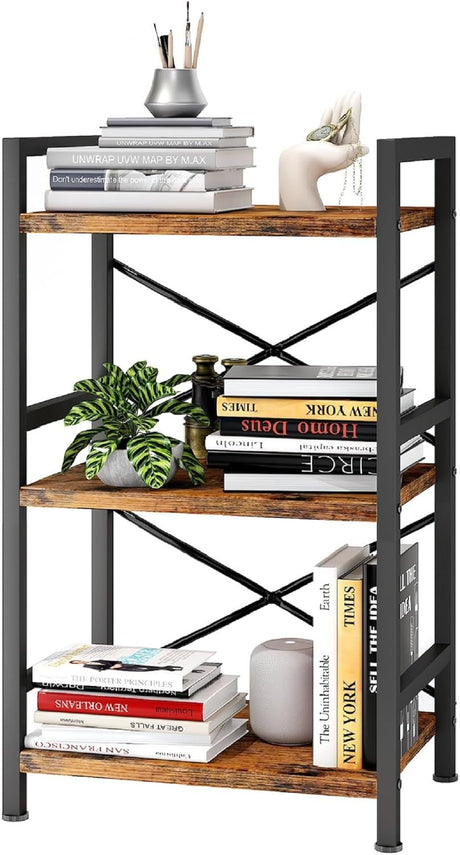 3 Tier Industrial Bookcase with X-Shaped Wire Back
