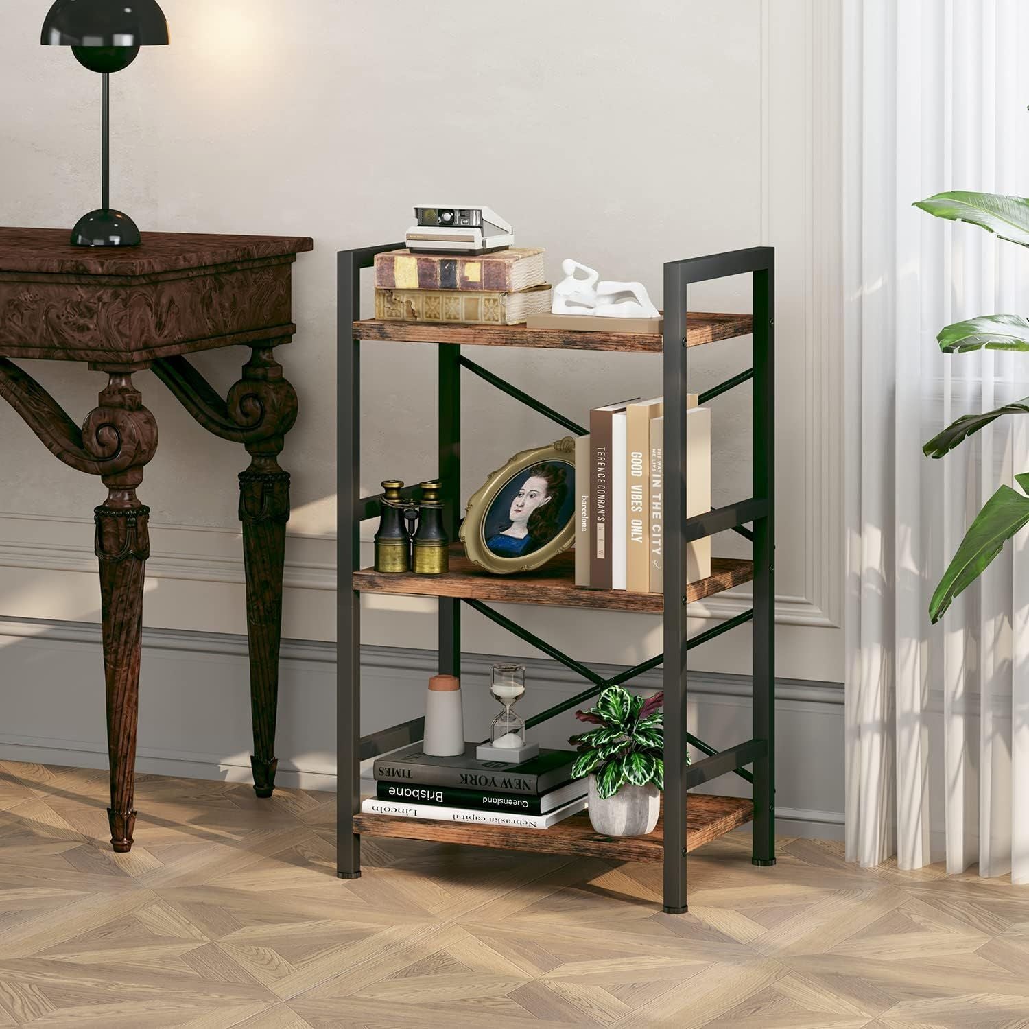 3 Tier Industrial Bookcase with X-Shaped Wire Back