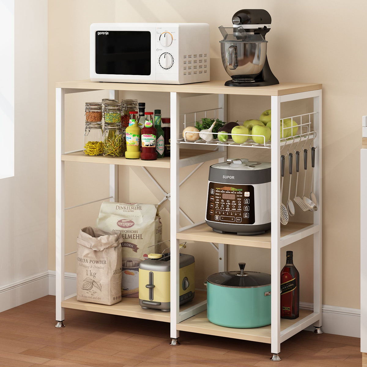 3-Tier Kitchen Baker’s Rack – Microwave Stand with Storage Shelf and Hooks - White Oak