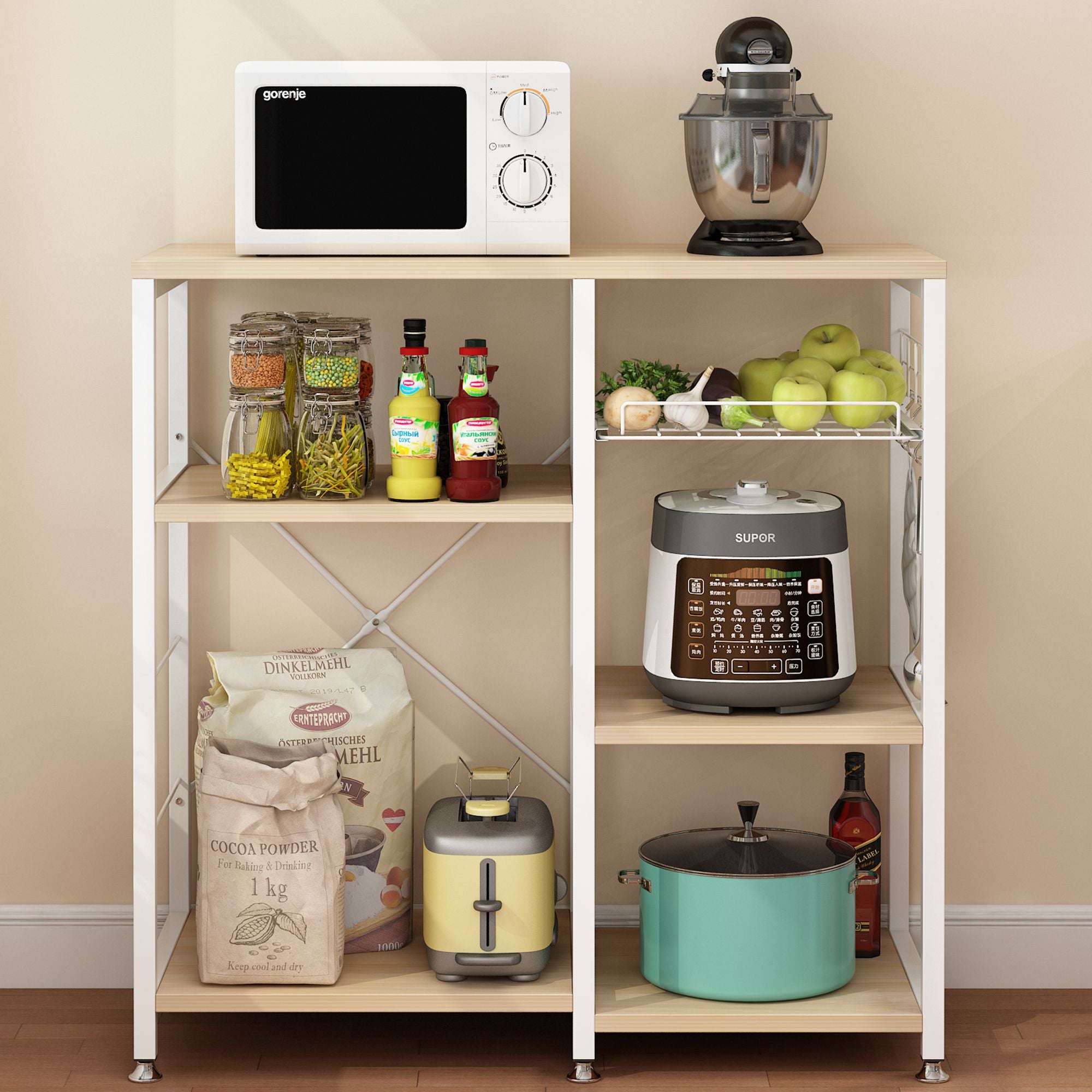 3-Tier Kitchen Baker’s Rack – Microwave Stand with Storage Shelf and Hooks