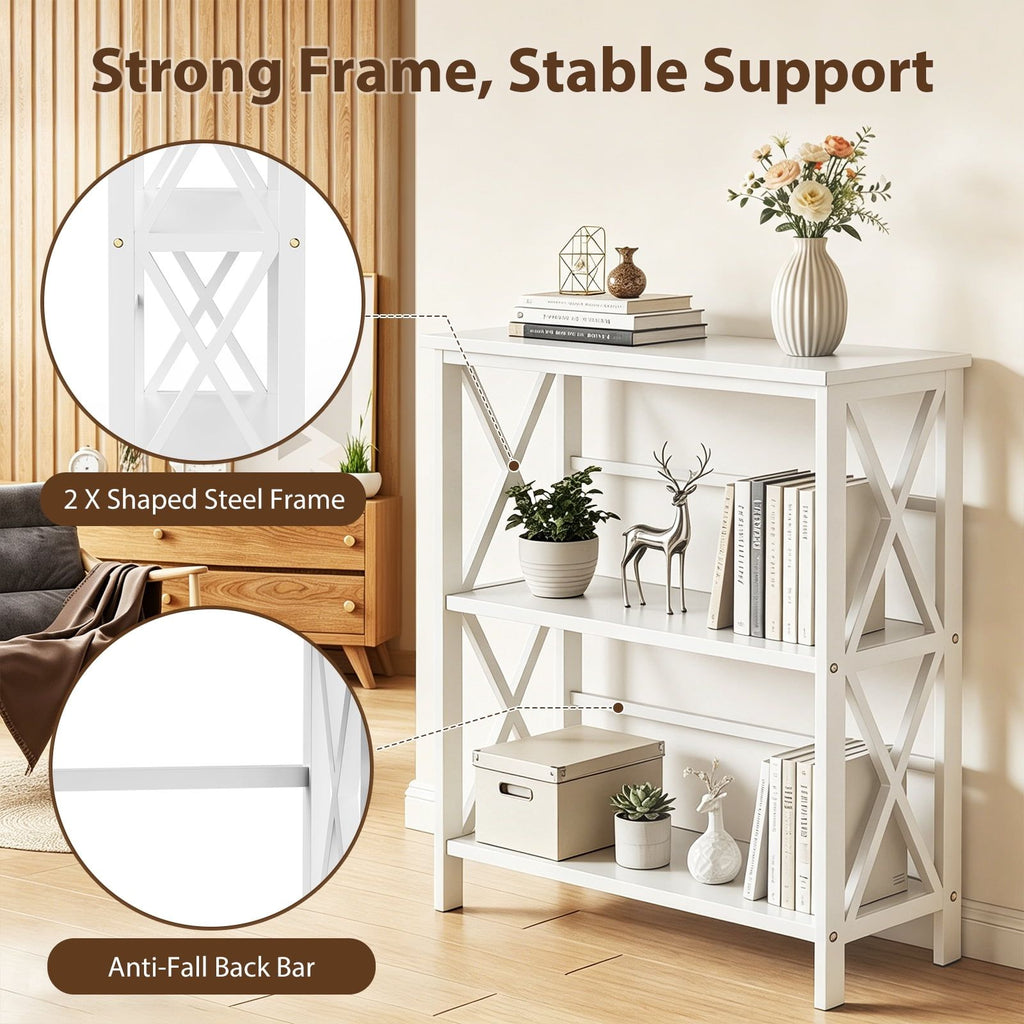 3-Tier Wall Mounted Bookshelf - Drill-Free Open Bookcase for Home Office or Study, White