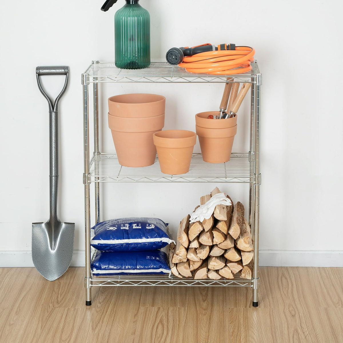 Three-Tier Chrome Wire Rack with Adjustable Shelves