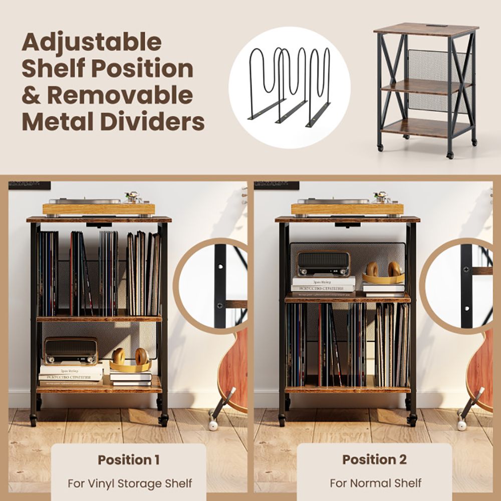 Rolling Record Player Stand with Built-In Charging