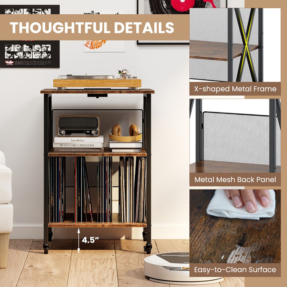 Rolling Record Player Stand with Built-In Charging
