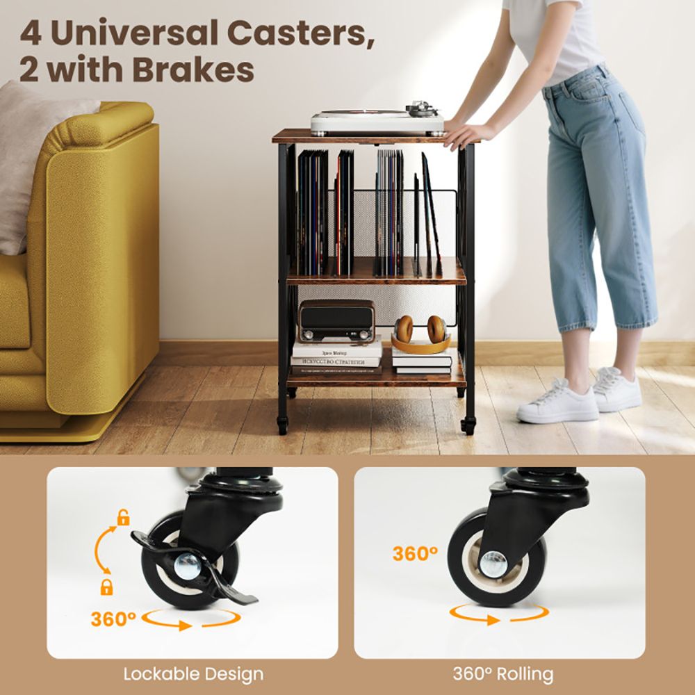 Rolling Record Player Stand with Built-In Charging