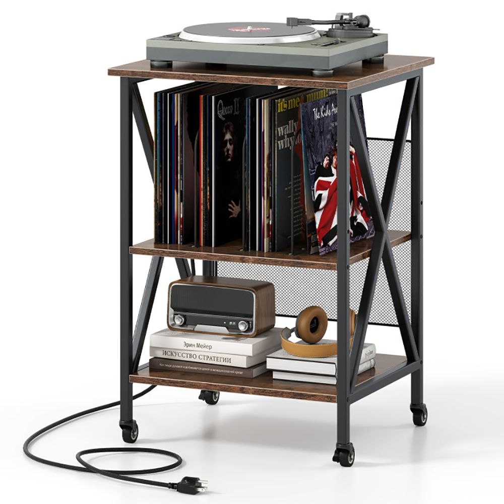 Rolling Record Player Stand with Built-In Charging