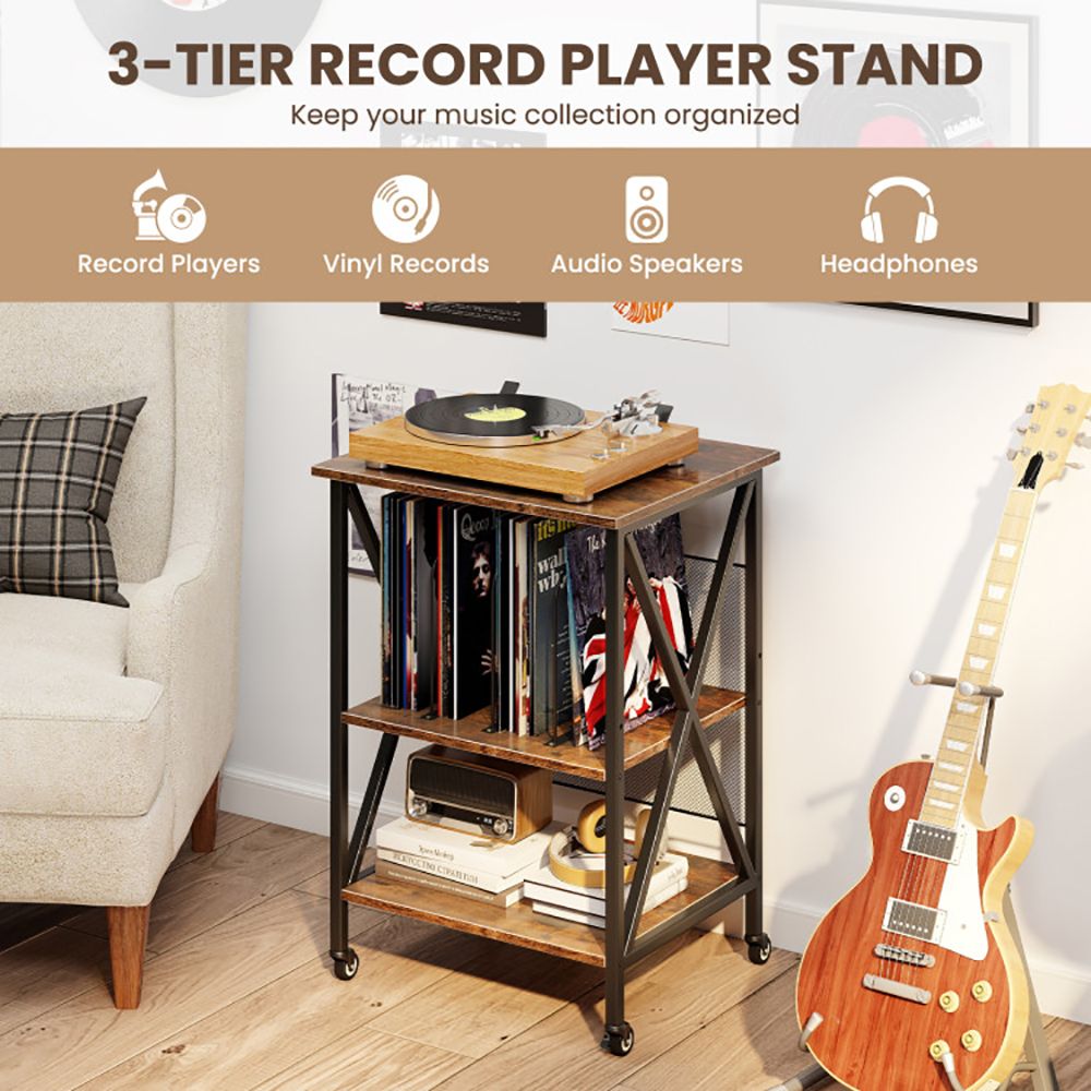 Rolling Record Player Stand with Built-In Charging
