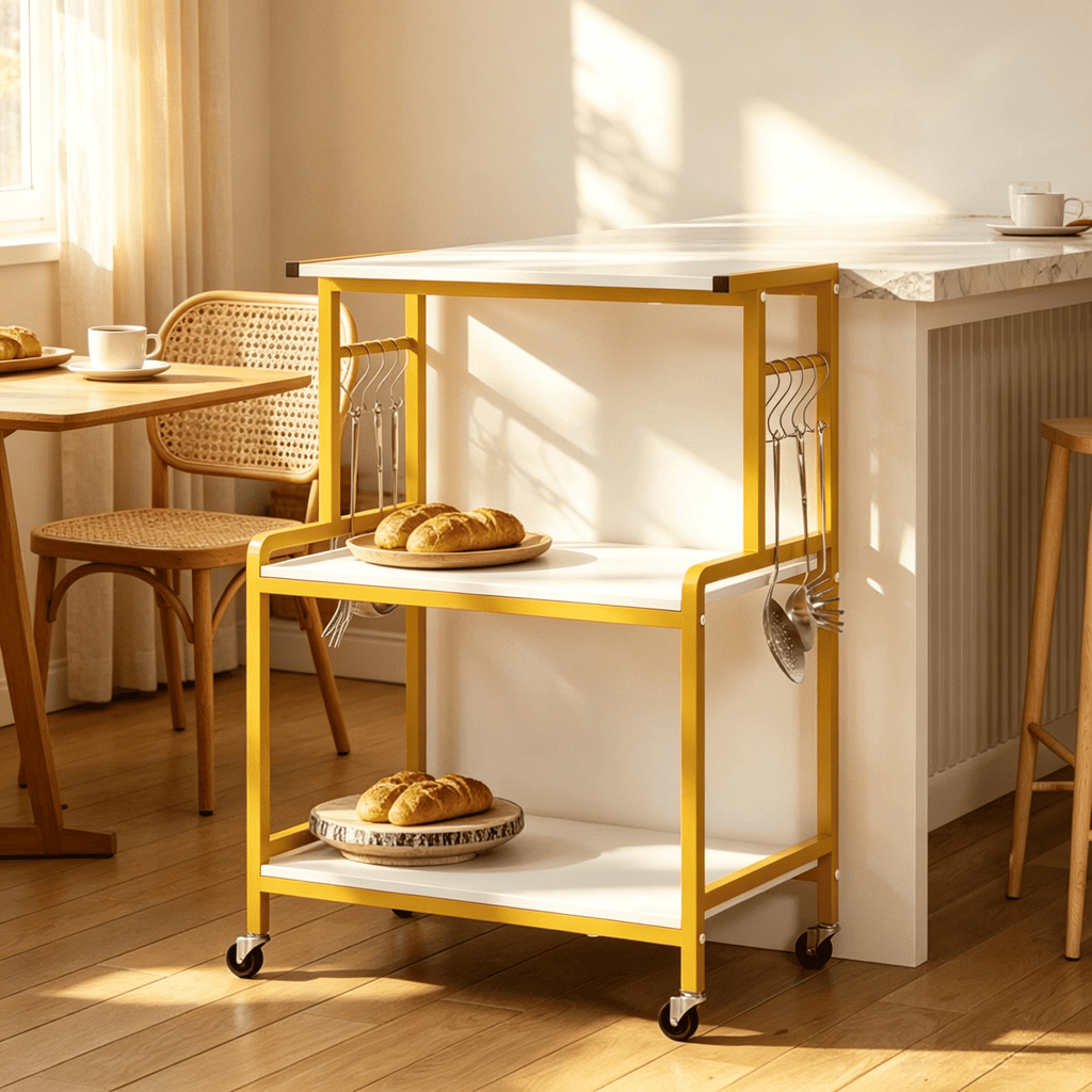 3-Tier Rolling Microwave Cart Kitchen Storage Organizer with Power Outlet Lockable Wheels