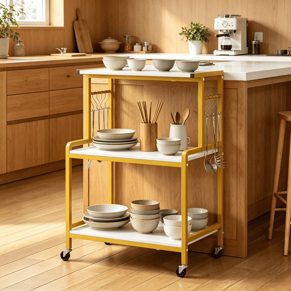 3-Tier Rolling Microwave Cart Kitchen Storage Organizer with Power Outlet Lockable Wheels