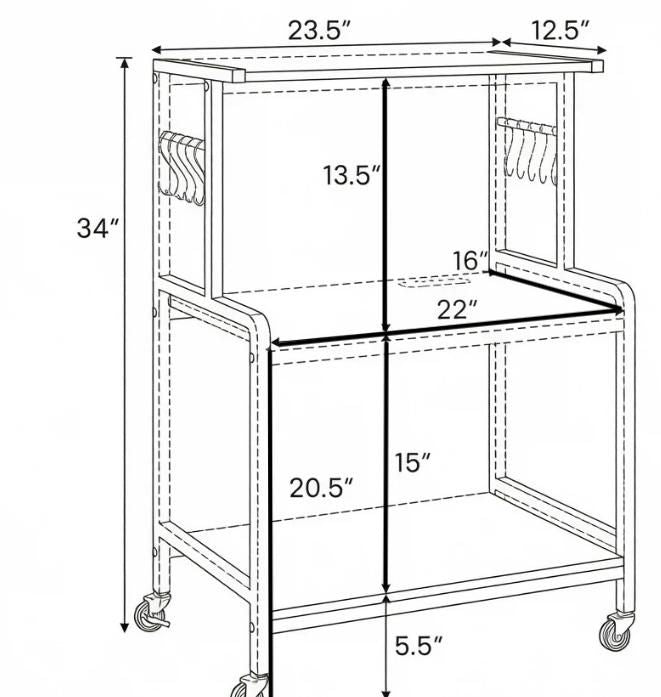 3-Tier Rolling Microwave Cart Kitchen Storage Organizer with Power Outlet Lockable Wheels