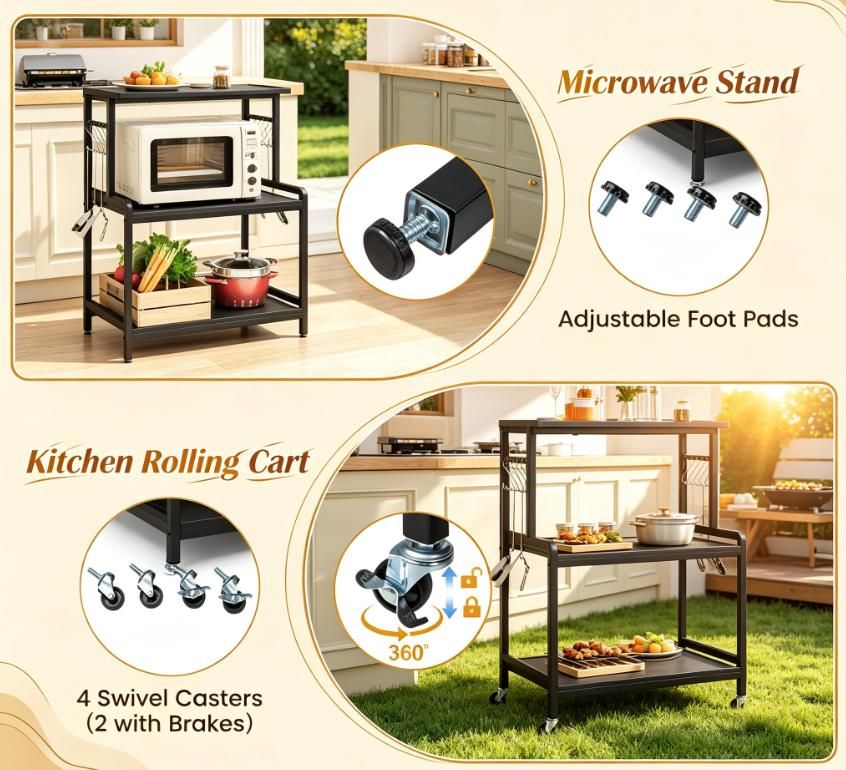 3-Tier Rolling Microwave Stand with Power Outlet Lockable Casters And 10 Hooks Kitchen