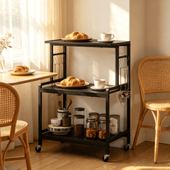 3-Tier Rolling Microwave Stand with Power Outlet Lockable Casters And 10 Hooks Kitchen