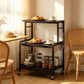 3-Tier Rolling Microwave Stand with Power Outlet Lockable Casters And 10 Hooks Kitchen