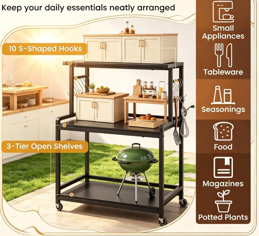 3-Tier Rolling Microwave Stand with Power Outlet Lockable Casters And 10 Hooks Kitchen