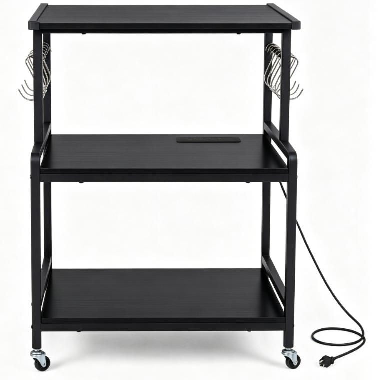 3-Tier Rolling Microwave Stand with Power Outlet Lockable Casters And 10 Hooks Kitchen