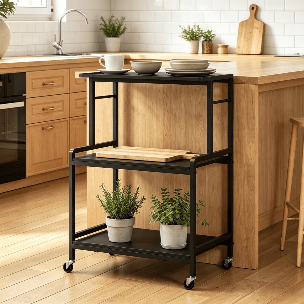 3-Tier Rolling Microwave Stand with Power Outlet Lockable Casters And 10 Hooks Kitchen