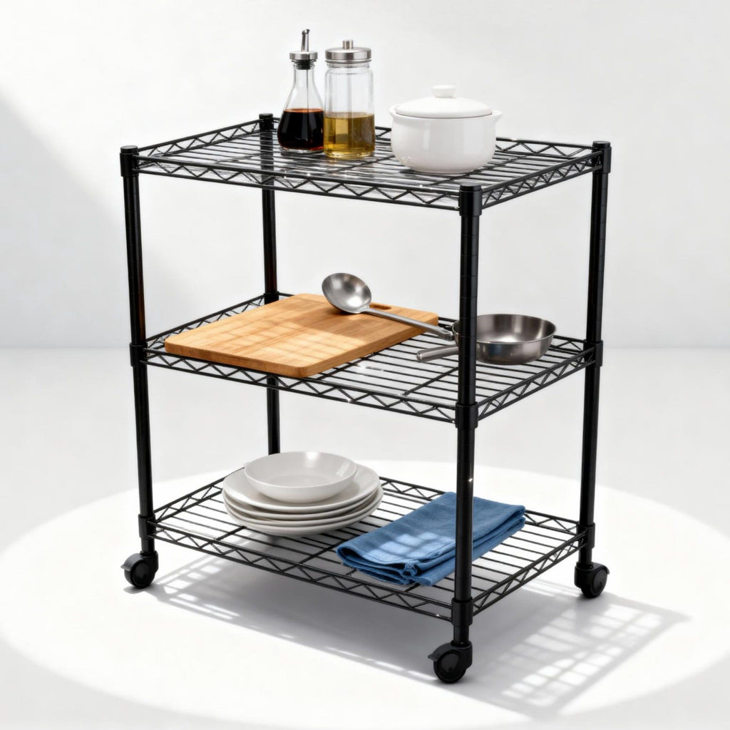 3-Tier Shelving Storage Shelves,Steel Organizer Wire Rack with Wheels,Adjustable Storage Units,23" W