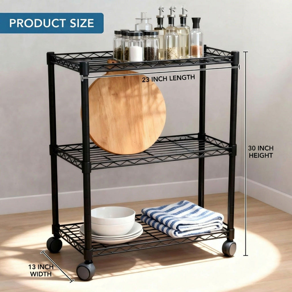 3-Tier Shelving Storage Shelves,Steel Organizer Wire Rack with Wheels,Adjustable Storage Units,23" W