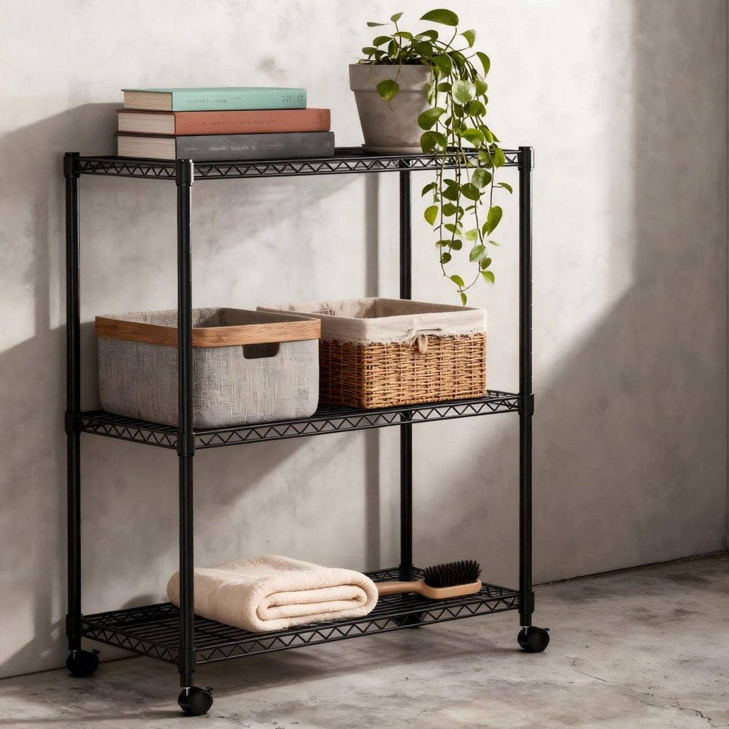 3-Tier Shelving Storage Shelves,Steel Organizer Wire Rack with Wheels,Adjustable Storage Units,23" W