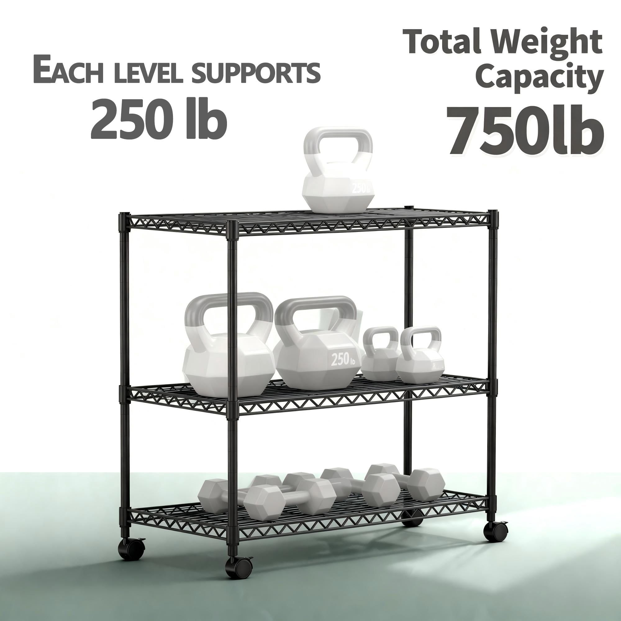 3-Tier Shelving Storage Shelves,Steel Organizer Wire Rack with Wheels,Adjustable Storage Units,23" W