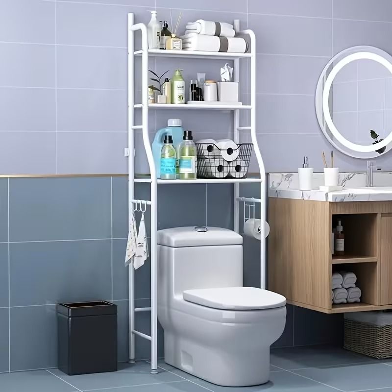 Three-Tier Over-the-Toilet Storage Rack with Hooks