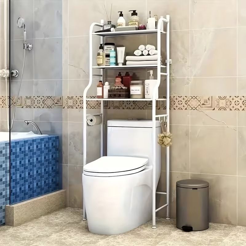 Three-Tier Over-the-Toilet Storage Rack with Hooks